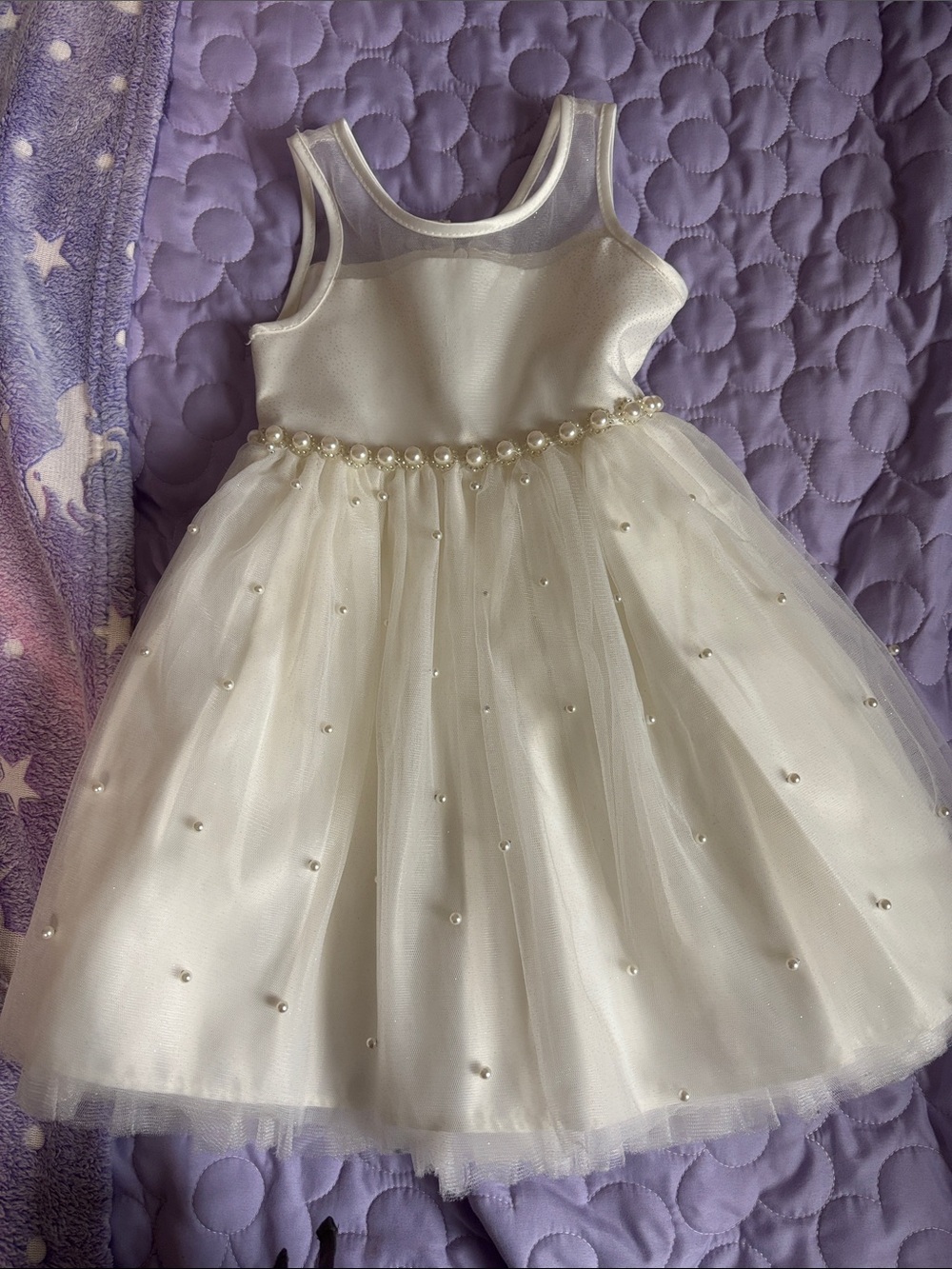 White Pearl-Embellished Girls' Tulle Dress